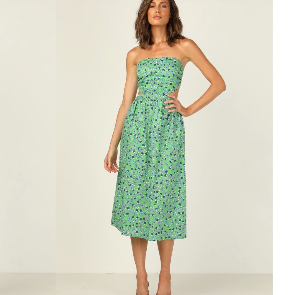 Green and blue floral strapless dress
